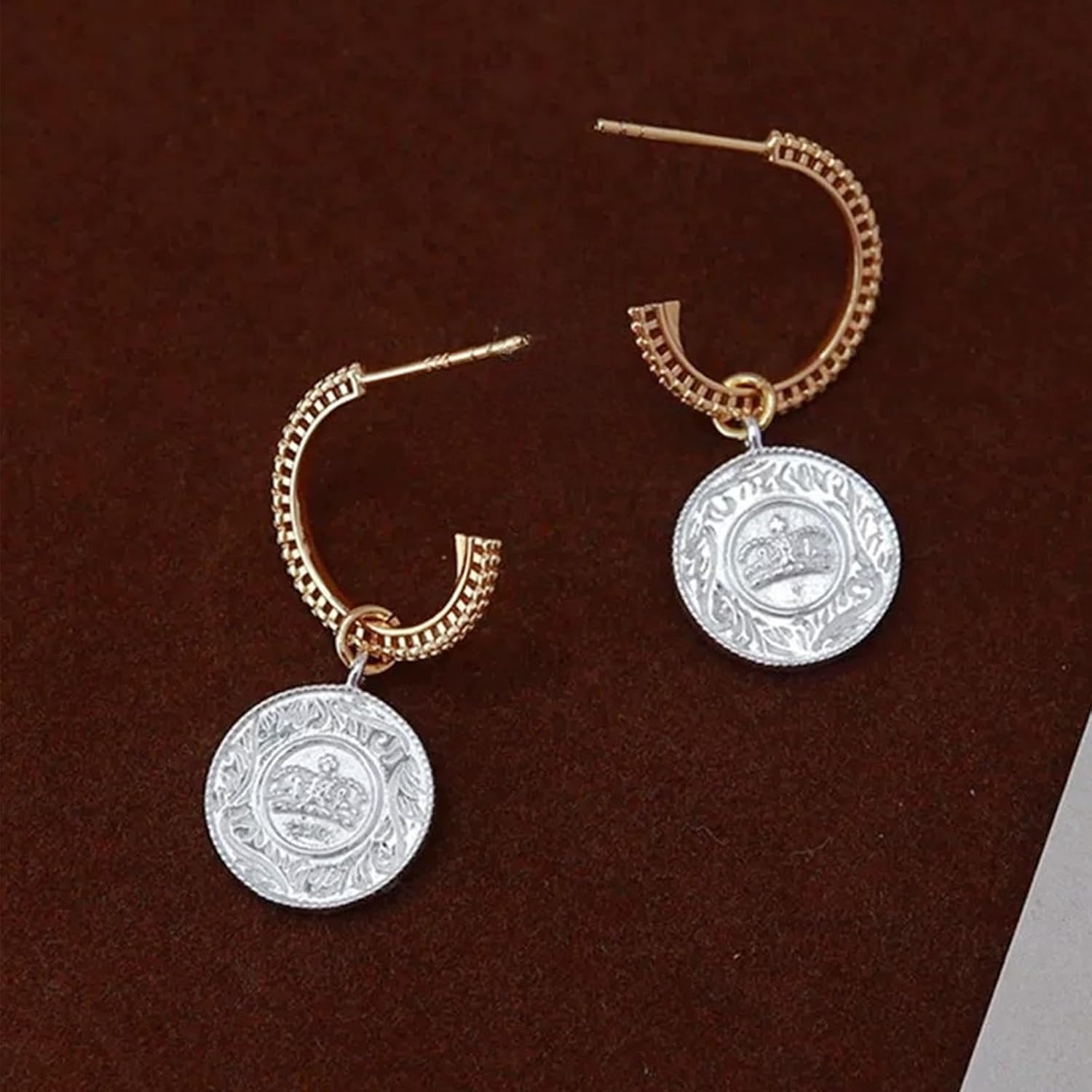 Earrings Jewelry Gifts for Women - S925 Sterling Silver C-Shaped Hoop Earrings with Vintage Triple God Coin Dangle Drop for Women | Vintage-Style Jewelry Gifts for Ladies