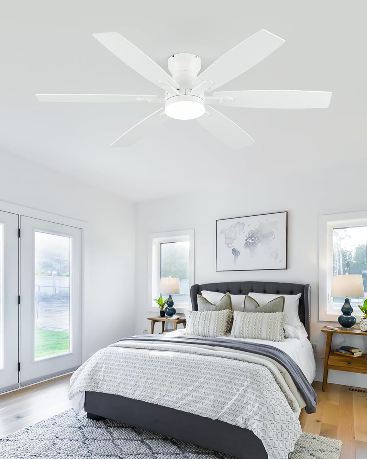 Coolwind 52" Low Profile Ceiling Fan with Light, White 6 Speed Reversible DC Motor, 6 Double-Side Blades and App/Display Remote Control, 3CCT Dimmable Led Flush Mount Ceiling Fan for Bedroom