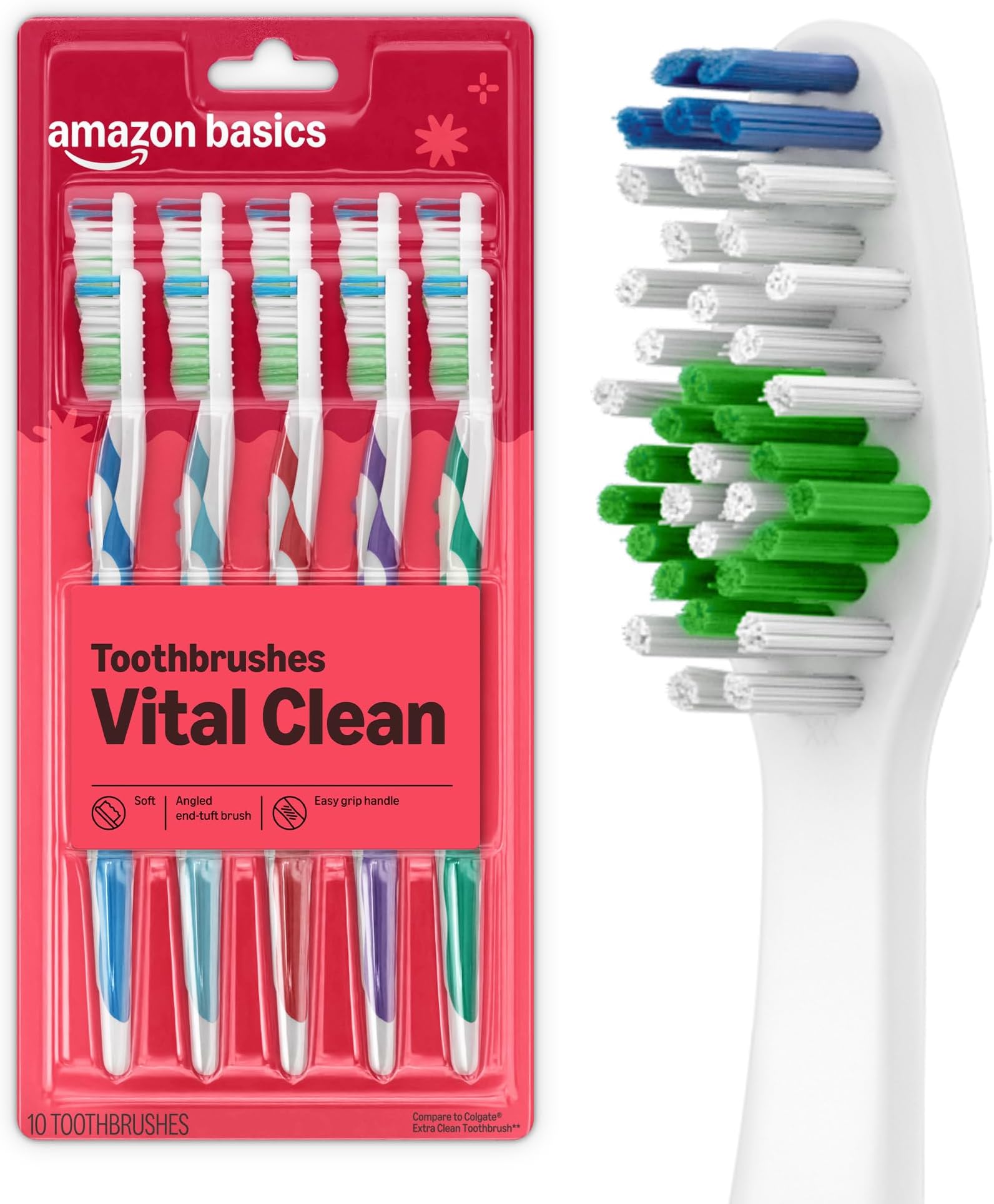 Amazon Basics Clean Plus Toothbrushes, Soft, Full, 10 Count, 1 Pack, Packaging May Vary