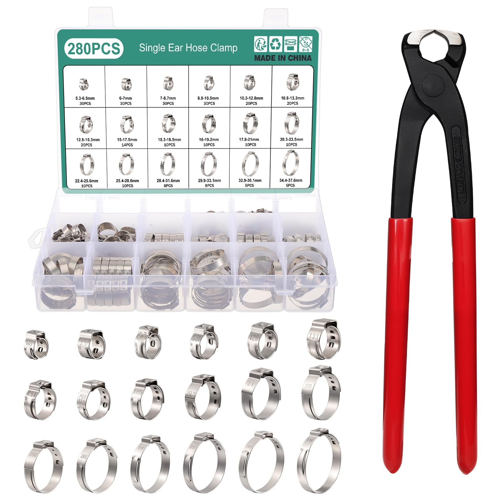 280PZ Fascette Stringitubo a Orecchio Singolo, Fascette di Serraggio Singole, Fascetta a Vite Stringitubo Regolabili, 5.3-37.6mm 18 Misure Fascette Stringitubo in Acciaio Inox 304 con Pinza