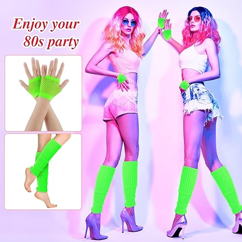 Miniatura 5 de Yolev 2 pares de calentadores de piernas de neón y guantes de red de los años 80, accesorios de disfraces, guantes de malla elástica sin dedos