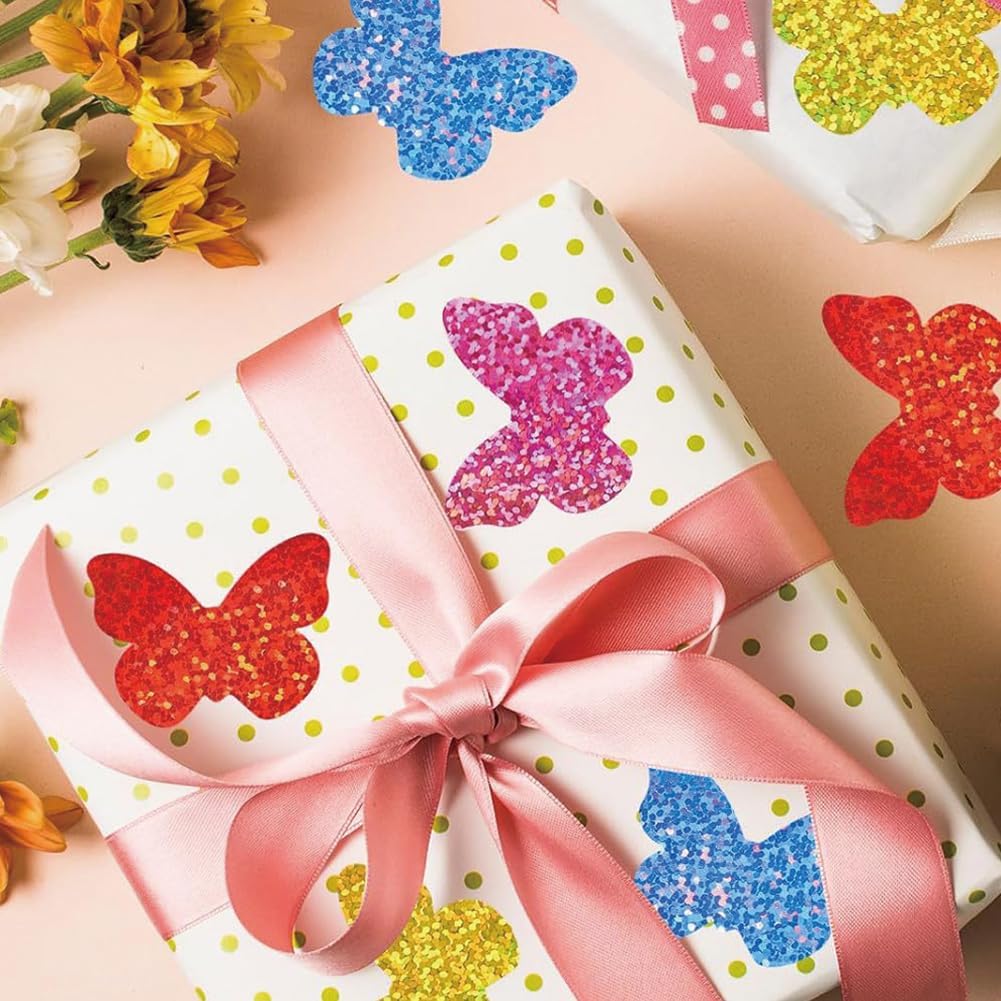 500Pcs Spring Butterfly Stickers Roll 1in Glitter Vinyl Stickers 6 Colors Butterfly Label Tag Self-Adhesive Waterproof Decals for Birthday Envelope Journal Decorations image 2