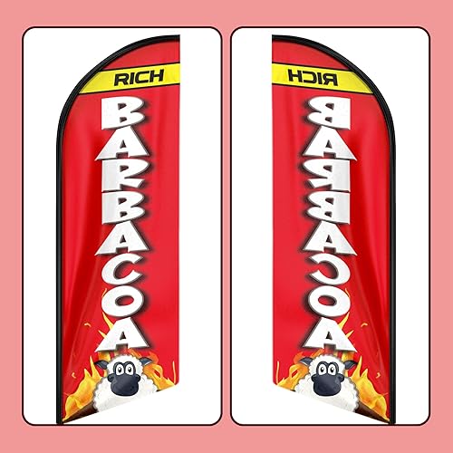 QSUM Rich Barbacoa - Bandera con temática de Swooper de 11 pies, bandera de plumas publicitarias de Barbacoa rica con kit de poste, espiga de tierra
