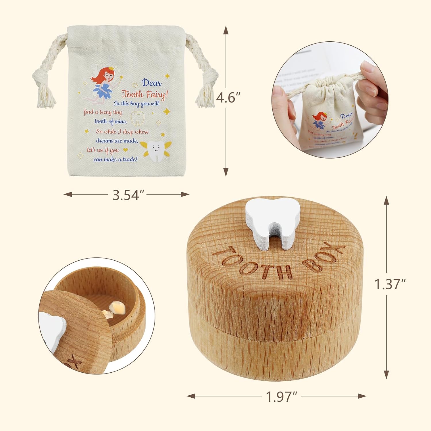 free-space Tooth Fairy Box 3D Carved Wooden Box Souvenir Dropped Tooth Keepsake Storage Box Gift for Boy or Girl (with tooth fairy bag) image 3