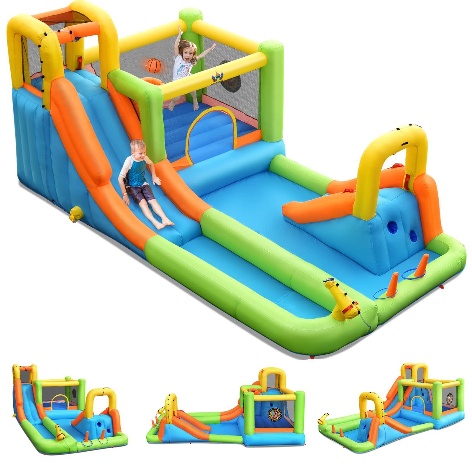 GOPLUS Castillo Hinchable para Niños, Hinchable Grande con Piscina, Pistola de Agua Tobogán Acuático, Adecuado de 3 a 10 Años, ‎504 x 295 x 217 cm