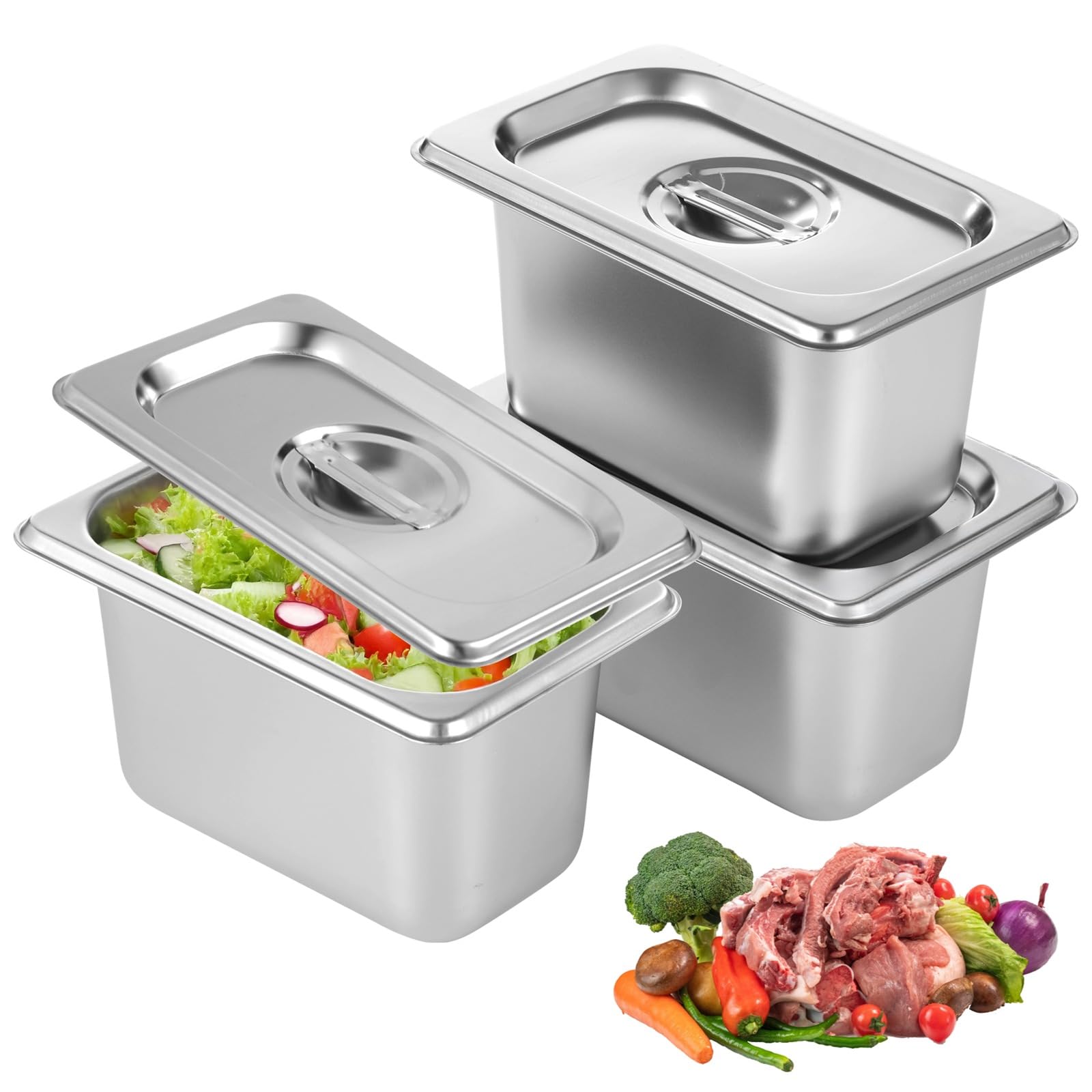 3 Stk. GN 1/9 Behälter mit Deckel, Edelstahl Gastronormbehälter für Speisen, Gastro-Schalen für Bain-Marie und Vorbereitungsstationen, Warm- und Kalthalteboxen für Buffet, Catering und Restaurant