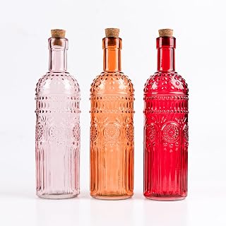 PepUpYourHomeDecor Vintage Embossed Glass Vase Set of 3 - 9.6" Colored Wine Bottle Style with Cork Lids, Flower Bud Vases for Home Garden Decor Suncatchers (Warm Tones)