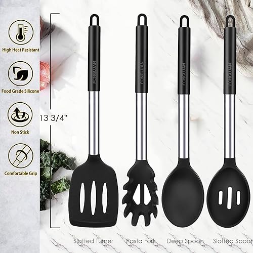 Miniatura 2 de FONGLUAN Juego de 4 utensilios de cocina de silicona, mango de acero inoxidable, espátula, cucharas, tenedor para pasta, resistente al calor,