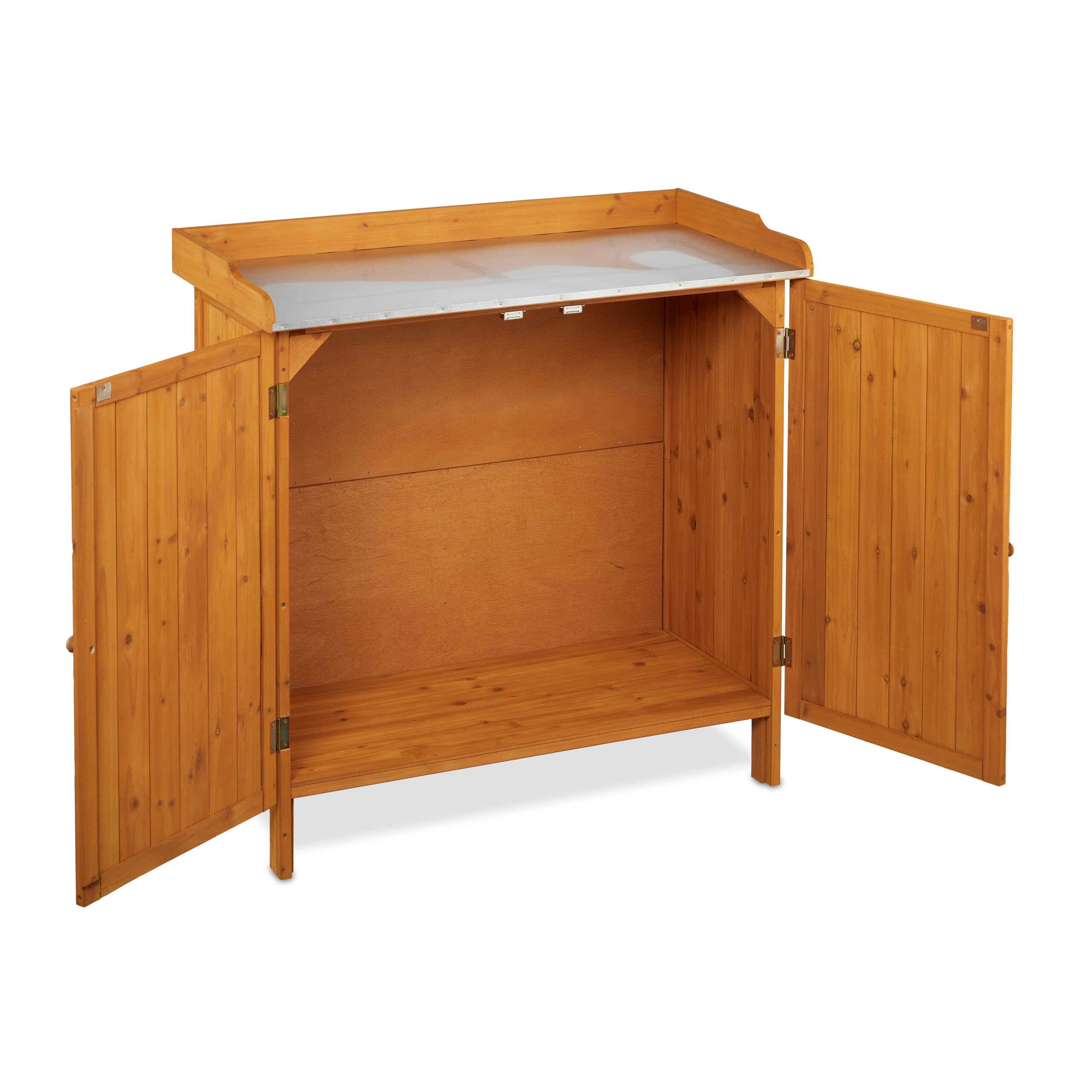 Relaxdays Mesa de Cultivo, Armario Almacenamiento Inferior, Madera, Superficie de Peltre, 94 x 94 x 47 cm, Naranja