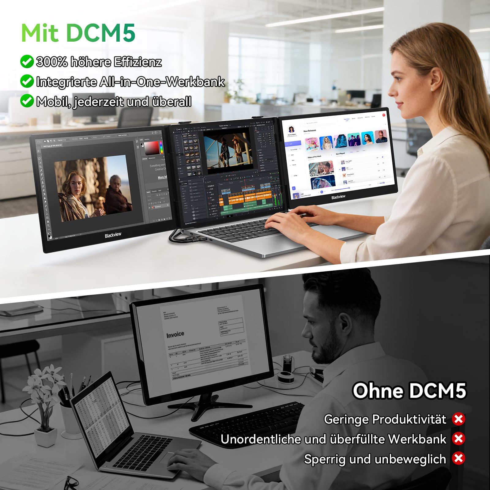 Blackview Laptop Monitor Erweiterung 14", Niedriges Blaulicht 1080P FHD HDMI/USB-A/USB C/100W PD-Rückwärtsladung Portable Monitor für Laptop 13,3"-17,3"/Smartphone/PC/Mac/PS5/Xbox