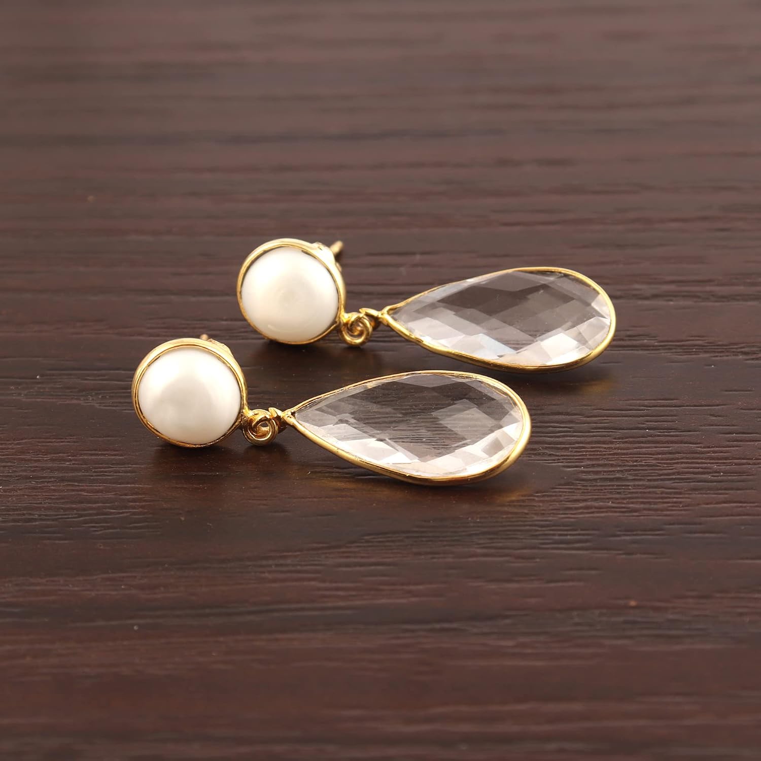 Guntaas Gems Irregular Wedding Earrings Keshi Pear & Clear Quartz Brass Gold Electroplated Fashion Accessories Drop Dangle Earring