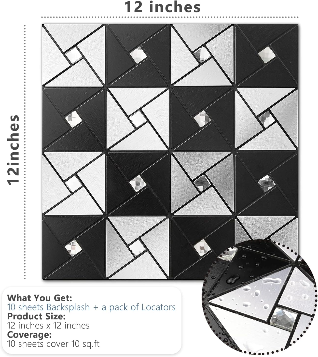 Vamos Tile Peel and Stick Backsplash Tile with Gloves - Metal Tile Stick on Backsplash for Kitchen and Bathroom Black&Silver Windmill Puzzle Glass Mixed Self Adhesive Mosaic Tiles(12"x12"x10 Sheets)