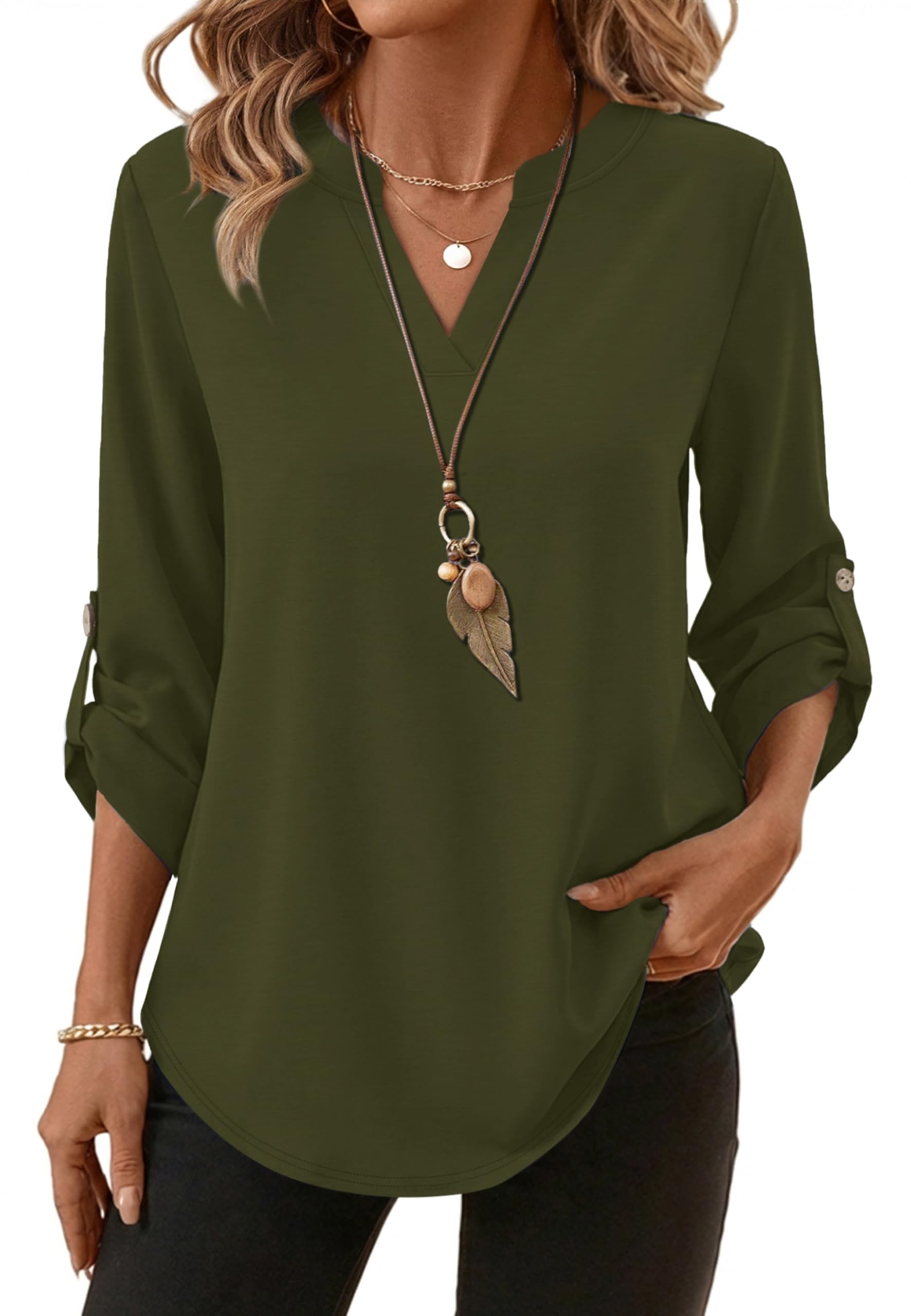 XIEERDUO 3/4 Length Sleeve Womens Tops V Neck T Shirts Both Side Buttons Blouses Business Casual Outfits Loose Fit