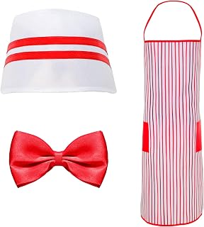 3Pcs Adult Waiter Costume Kit Vintage 50s Waitress Costumes Red and White Striped Apron Bow Tie Chef Hat Halloween Costumes