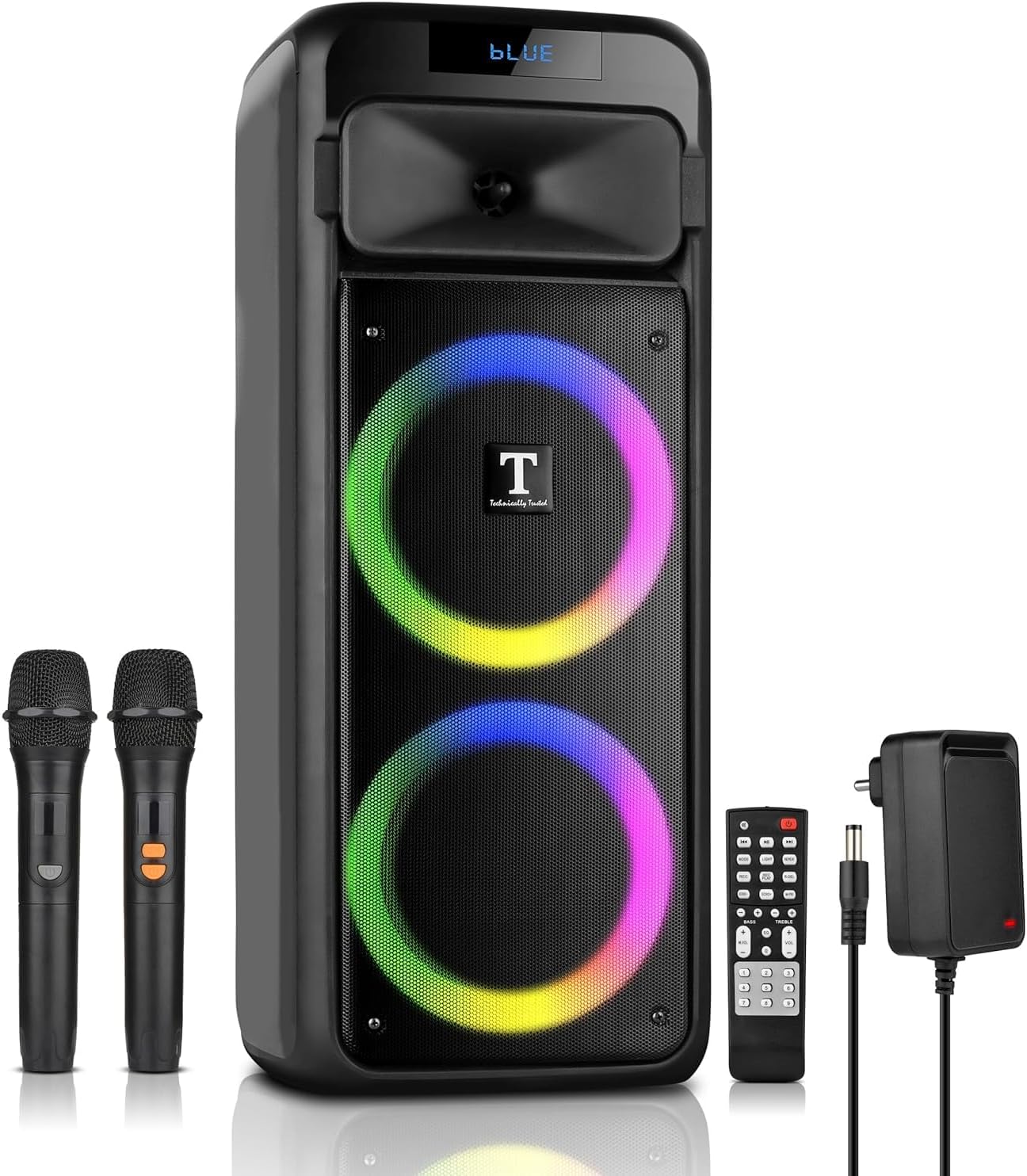 Dual 6.5" 2025 Launched Thunder Vibra TWS Party Speaker with 2 Karoake Mics & Vivid Light Effects - Plays BT/USB/SD Card/FM & Mobile/tv/Laptop/aux (4-6 Hrs Play Back) (Speaker Set) & Remote