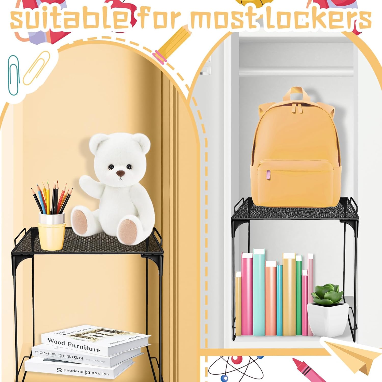 Demonwer 2 Pcs Locker Organizer Shelf Black Stackable Extra Locker Shelf Storage Cabinet Accessories for School Office Home Gym Supplies