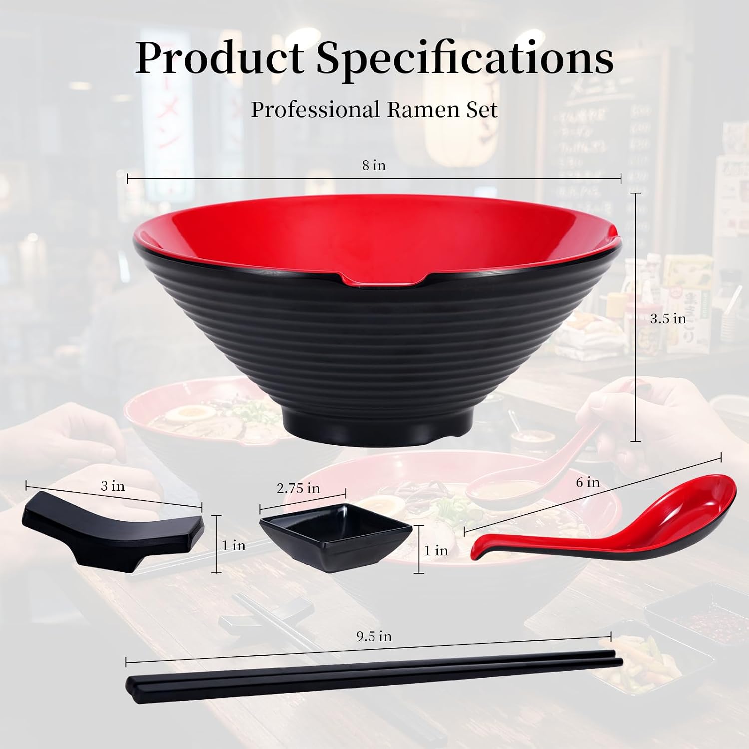 Unbreakable Melamine Ramen Bowl Set （4 piece set）– Red&Black image 2