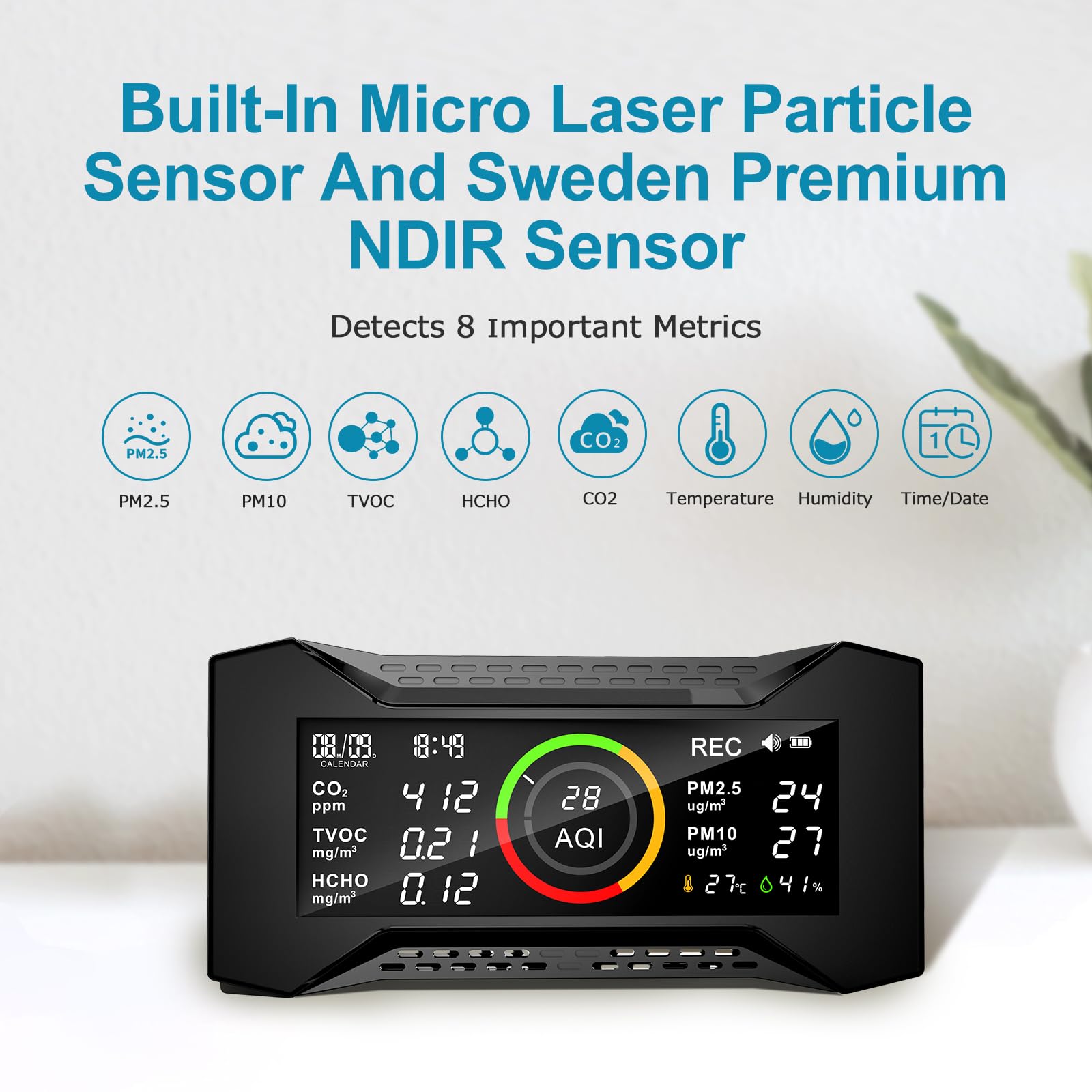 CF-20 DL Monitor de Calidad del Aire Interior con Informe de Datos para CO2 TVOC PM2.5 PM10 AQI HCHO Temperatura Humedad, Monitor de contaminación del Aire con Alarma de Audio