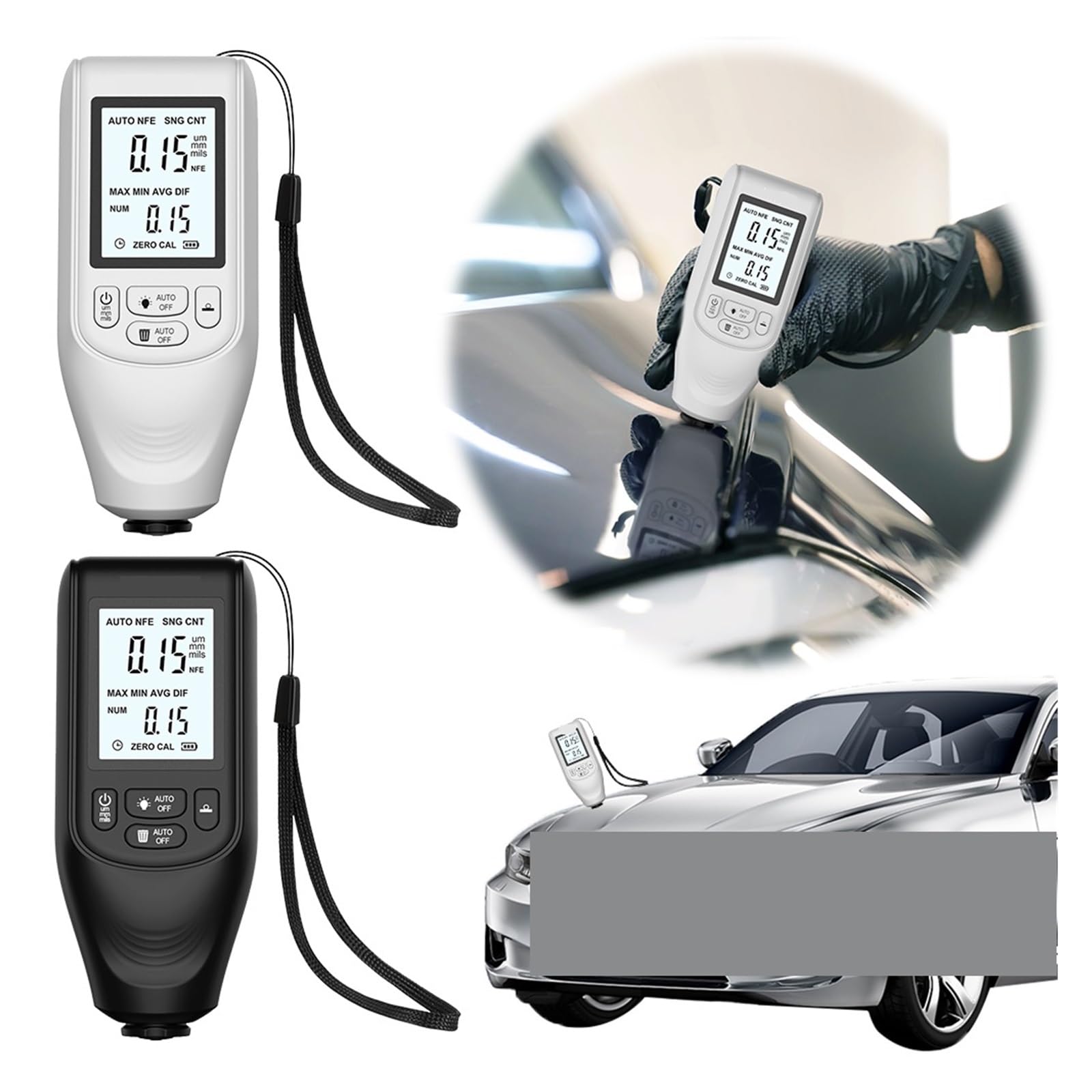 Miernik grubości Miernik Grubości Lakieru, 0-2000UM Cyfrowy Samochodowy FE/NFE Pomiar Automatyczny(White)