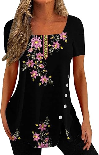 Womens Summer Tops Square Neck T Shirt Casual Tunic Top Short Sleeve Retro Pattern Blouse Split Basic Tees Shirts