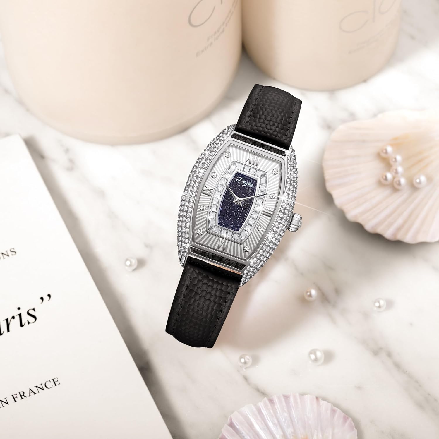T-ENGINE Luxury Women's Watch with Diamond Inlay, Multi-Colored Zircon Accents, Sapphire Glass Face, Genuine Leather Strap - Elegant Women's Wrist Watch