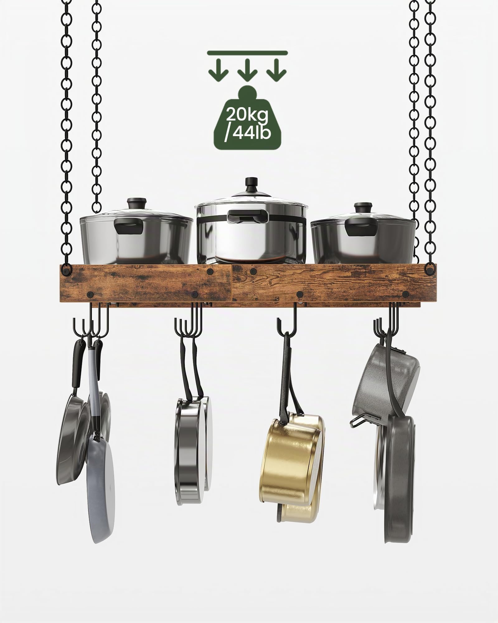 CHOEZON Küchenregal hängend, 61 cm, Küchenregal hängend, Topfregal, Aufbewahrungsregal, rustikale Note, Deckenregal mit 12 Haken, für Kochgeschirr, platzsparend, rustikalbraun-schwarz DTPR01BF