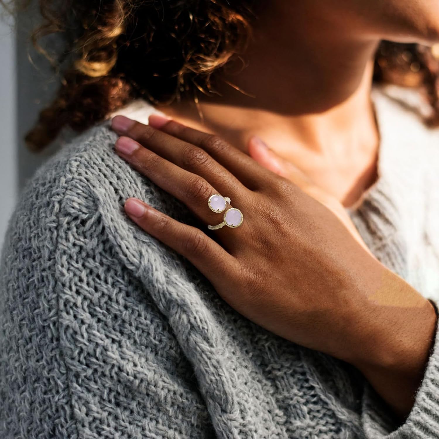 Crystal Rings, Natural Amazonite Rose Quartz Sunstone Amethyst Rings for Women, Double Round Faceted Gemstone Rings, 14K Gold Plated Adjustable Ring, Western Boho Vintage Rings for Mother. - Image 2