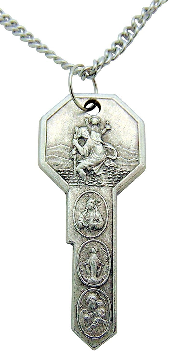 Saint Christopher & St Anthony Key Pendant 2 Inch Long with Chain
