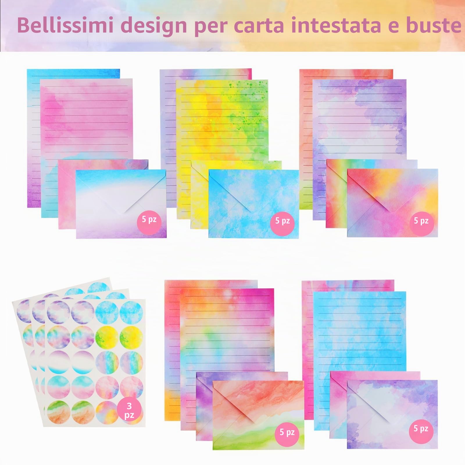 Carta da Lettere con Busta Set 160 Pz, Buste Colorate per Lettere Acquerellabili, Include 60 Adesivi