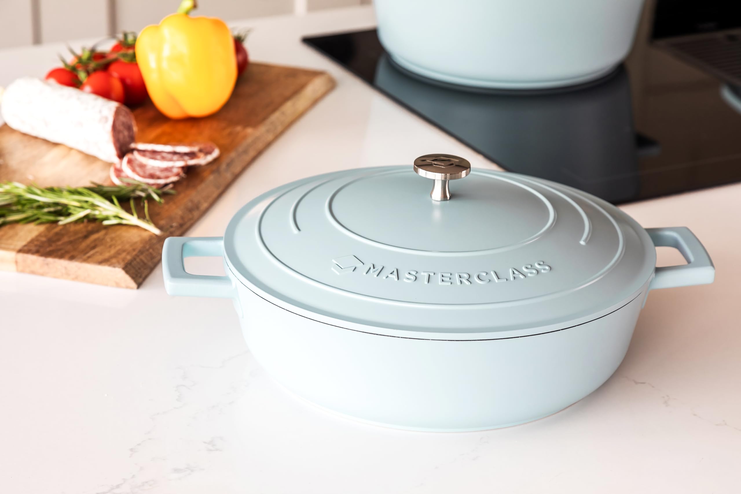 MasterClass Płytka zapiekanka z pokrywką 4 l/28 cm, lekki odlew aluminiowy, nadaje się do kuchenek indukcyjnych i piekarników, błękitna