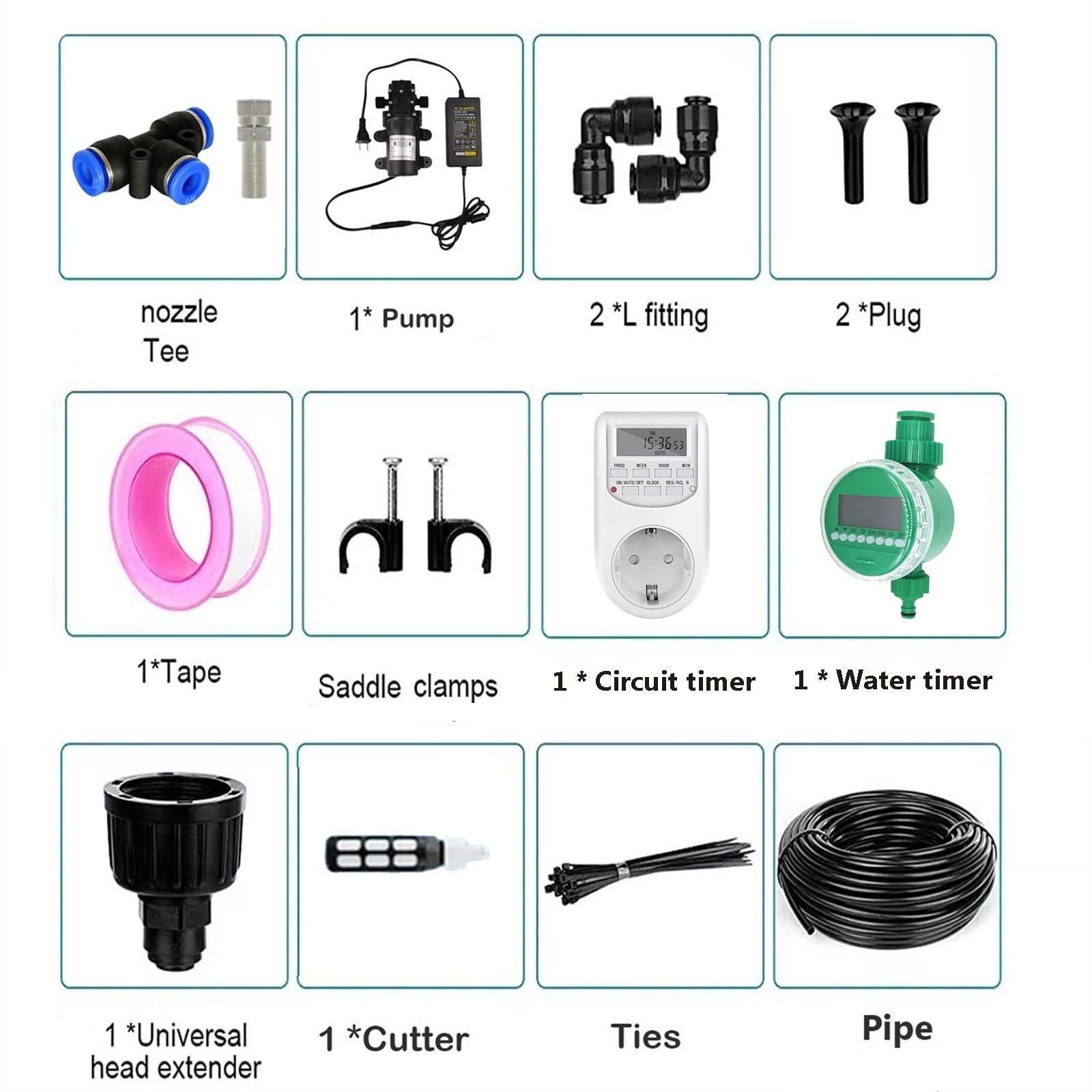 Pulverizador de jardín de exterior con bomba silenciosa de 24 V y temporizador, kit de nebulización con filtro, sistemas de refrigeración para patio, sistemas de riego Giard