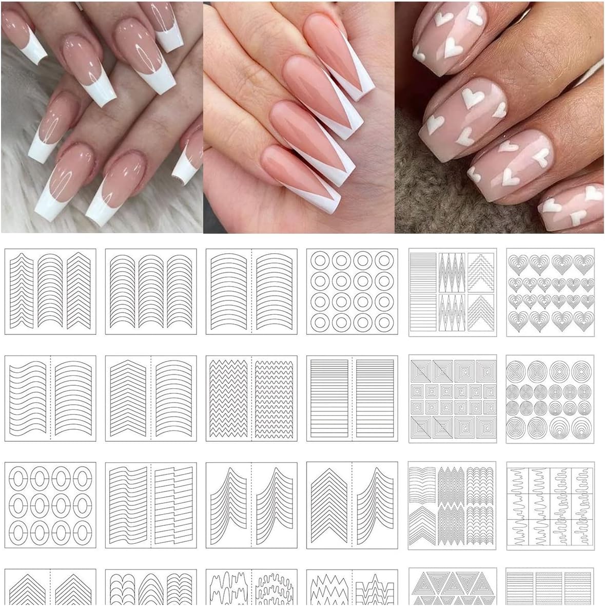 TailaiMei 802 Pieces 36 Designs Nail Stencils French Tip Guides, Nail Art Stickers Form Fringe Guides Vinyl, 24 Sheets