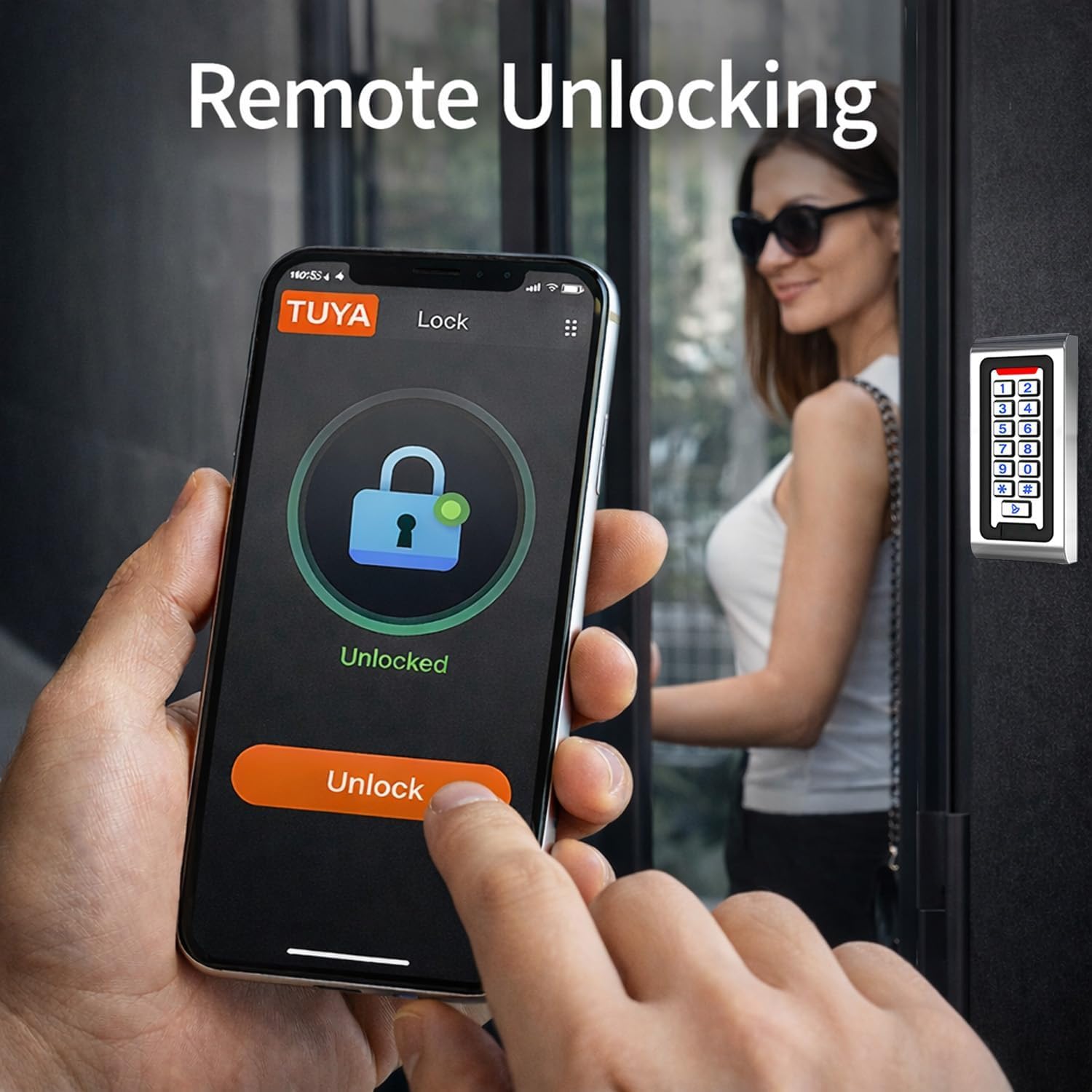 Control de Acceso RFID WiFi Tuya con Teclado – Metálico, Retroiluminado, Impermeable IP68, 125kHz EM, Wiegand 26/34, 12V DC, para Puertas, Portones, Garaje y Oficina + 10 RFID Llaveros