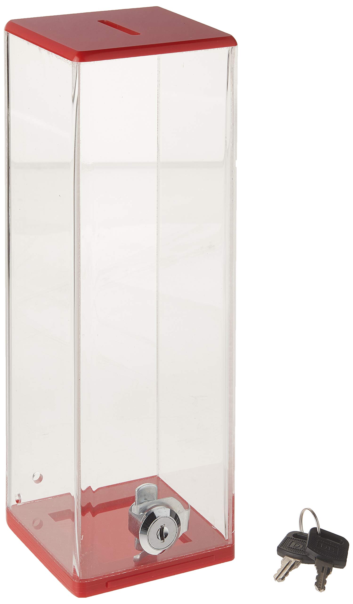 My Charity Boxes MCB- Donation Box - Ticket Box - 10" Tall Square Acrylic Donation Container, Big Display with Full Print Insert (Red)