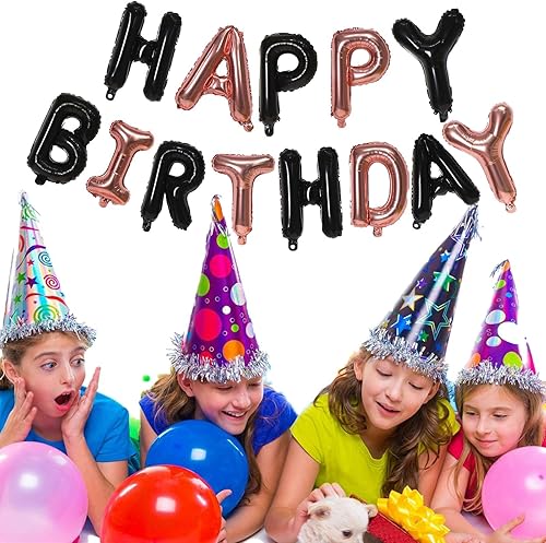 Miniatura 3 de KALOR Pancarta de Globos Feliz Cumpleaños Negro y Oro Rosa, Letrero de Globos de Papel de Aluminio Mylar de 16 Pulgadas para Decoraciones de Fiesta