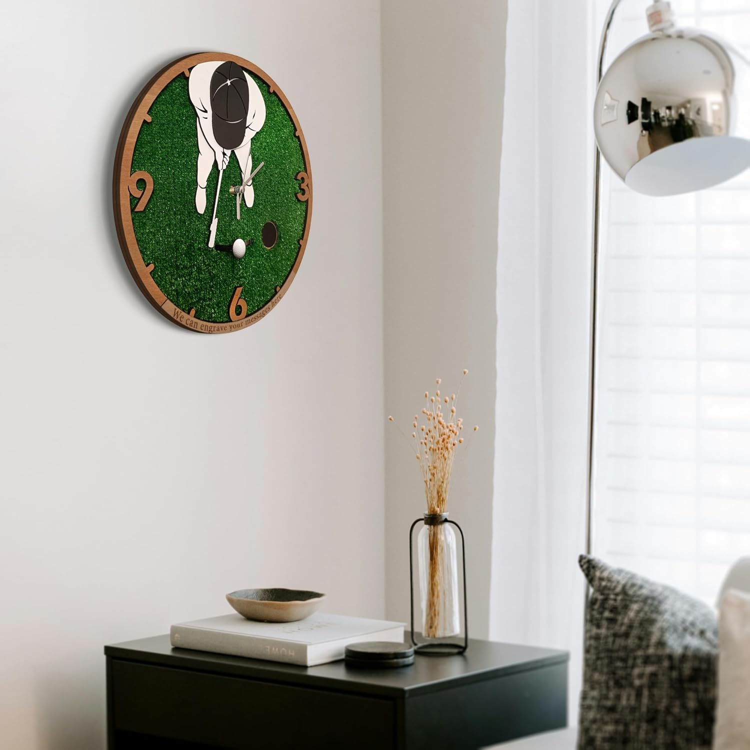 Golf Ball Swinging Wall Clock, Realistic Turf and Customizable Engraving Options Perfect Personalized Gift for Golf Lovers, Golf Wall Art, Golf Wall Decor, Gift for Golfer Men Dad (12 inches)