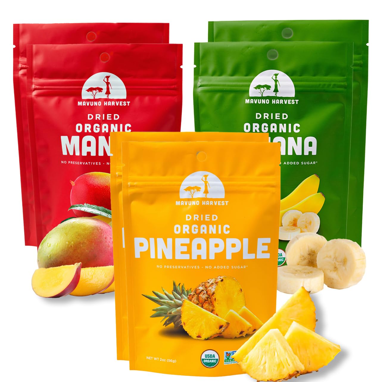 Mavuno Harvest Organic Dried Fruit Variety Pack | Dried Mango, Pineapple, and Banana | Healthy, Vegan, No Sugar Added, Non GMO Snacks for Kids & Adults | 2 Ounce, Pack of 6