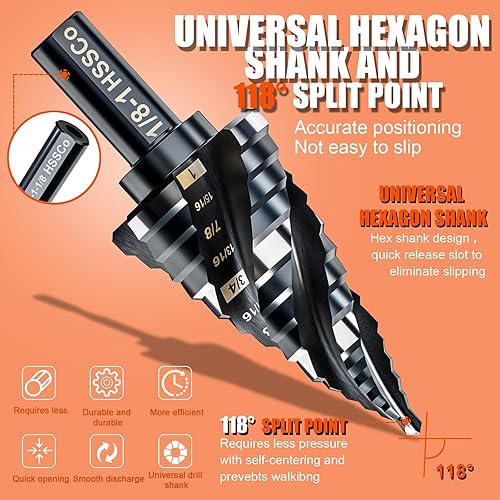 Miniatura 4 de Broca escalonada de cuatro espirales para metal, cobalto M35, juego de brocas escalonadas Unibit de 18 a 1 pulgada (9 tamaños), resistente al