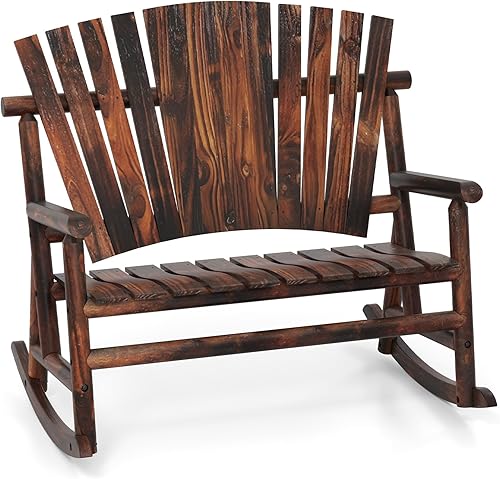 Tangkula Silla mecedora de madera para 2 personas para exteriores, balancín Adirondack con respaldo alto y asiento acanalado, silla mecedora de