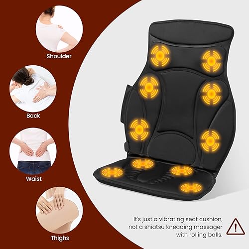 Miniatura 7 de Wellhut Cojín de masaje de espalda con calor, 10 nodos de masaje de vibración, 2 almohadillas de calefacción, 3 velocidades opcionales, alivio del