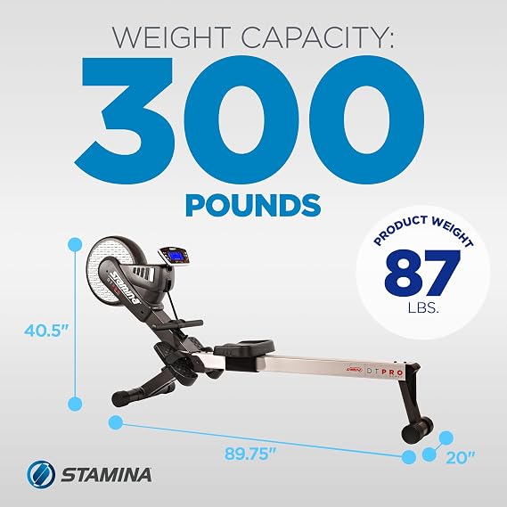 Stamina Pro Dual Air and Magnetic Resistance Rowing Machine Foldable w/Fitness Coaching App and Wireless Chest Strap Heart Monitor - Folding Rowing Machines for Home Use