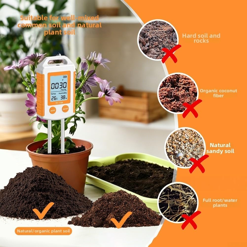 Tester digitale per suolo 6 in 1, misuratore di umidità NPK, rilevatore di fertilità della temperatura del pH, per giardino, fattoria, serra, interni ed esterni