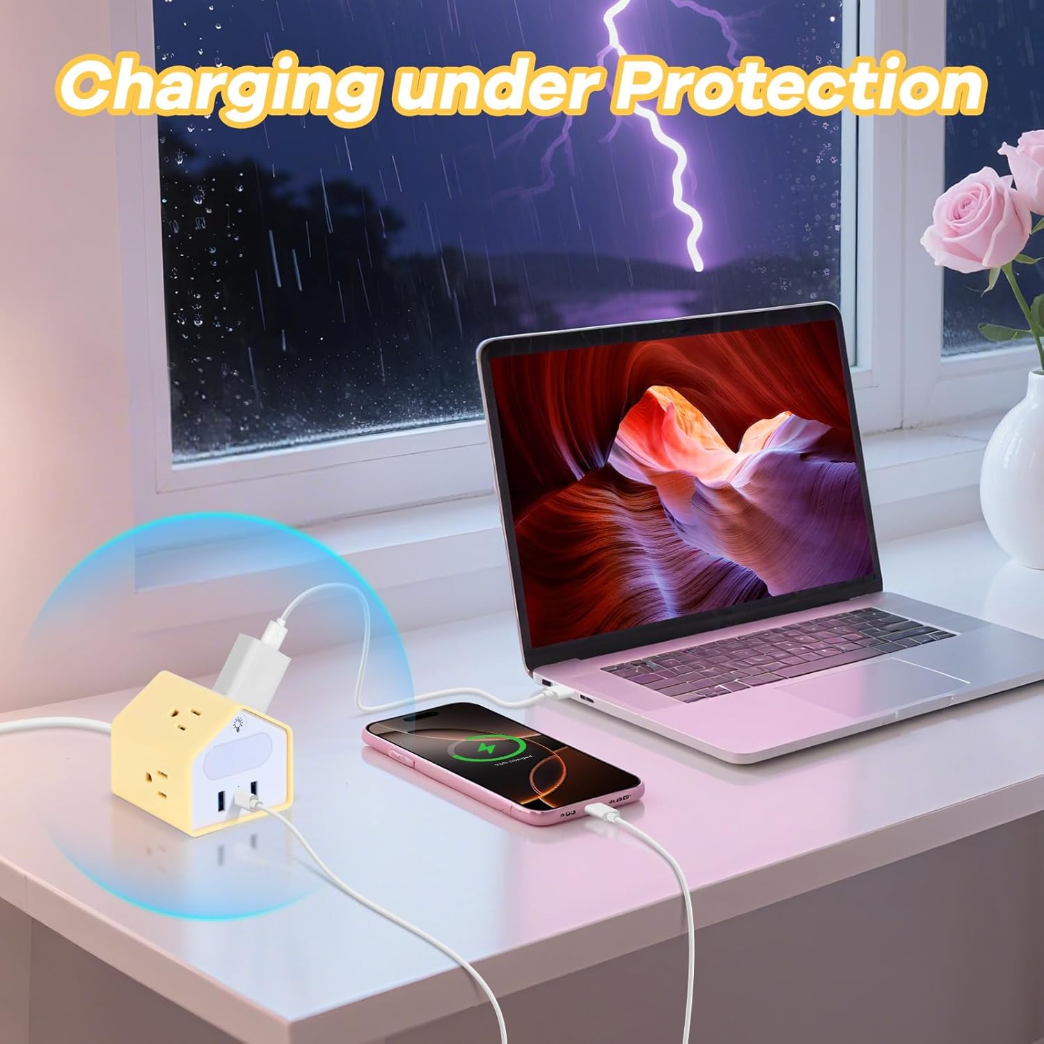 Handy Power Strip with Night Light - Yolk-Yellow Power Strip Surge Protector - 20W USB C Charging Station - 4 Outlets + 3 USB Ports for Desk, Nightstand, Couch, Makeup, Electronic Accessories