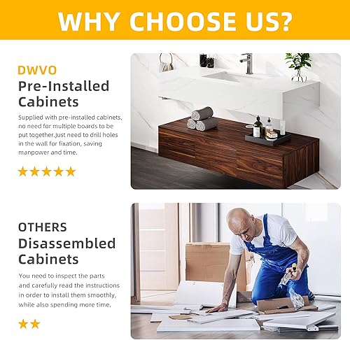 Miniatura 5 de DWVO Tocador de baño flotante negro de 40 pulgadas montado en la pared con encimera de piedra sinterizada y lavabo de cerámica, armario de baño con