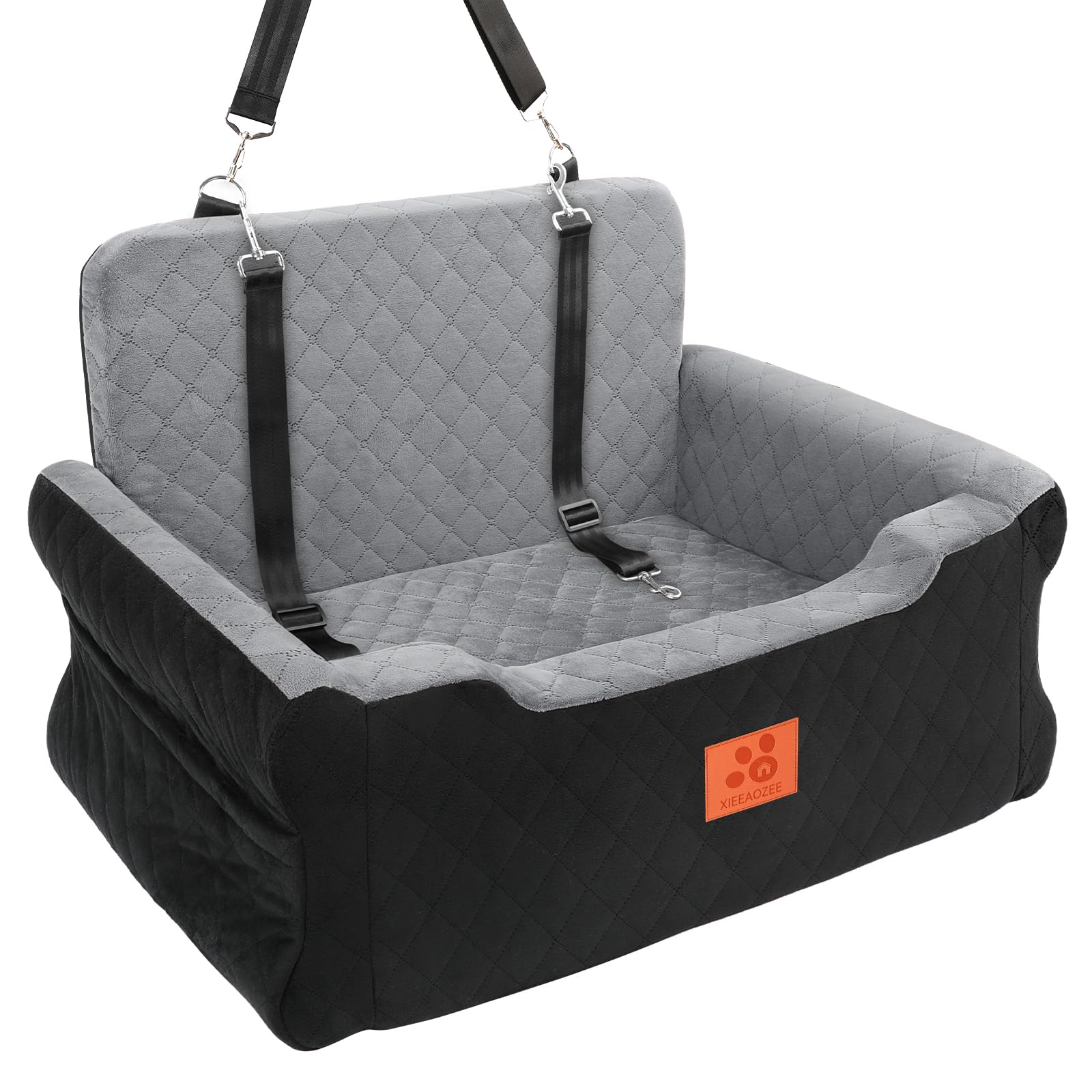 GL GLENSLAVE Hundesitz für Auto für große und mittlere Hunde bis 25 kg – Aus weichem Stoff, Autohundbett mit Memory-Schaum Füllung, abnehmbar & waschbar, inkl. 2 Sicherheitsleinen (schwarz/grau)