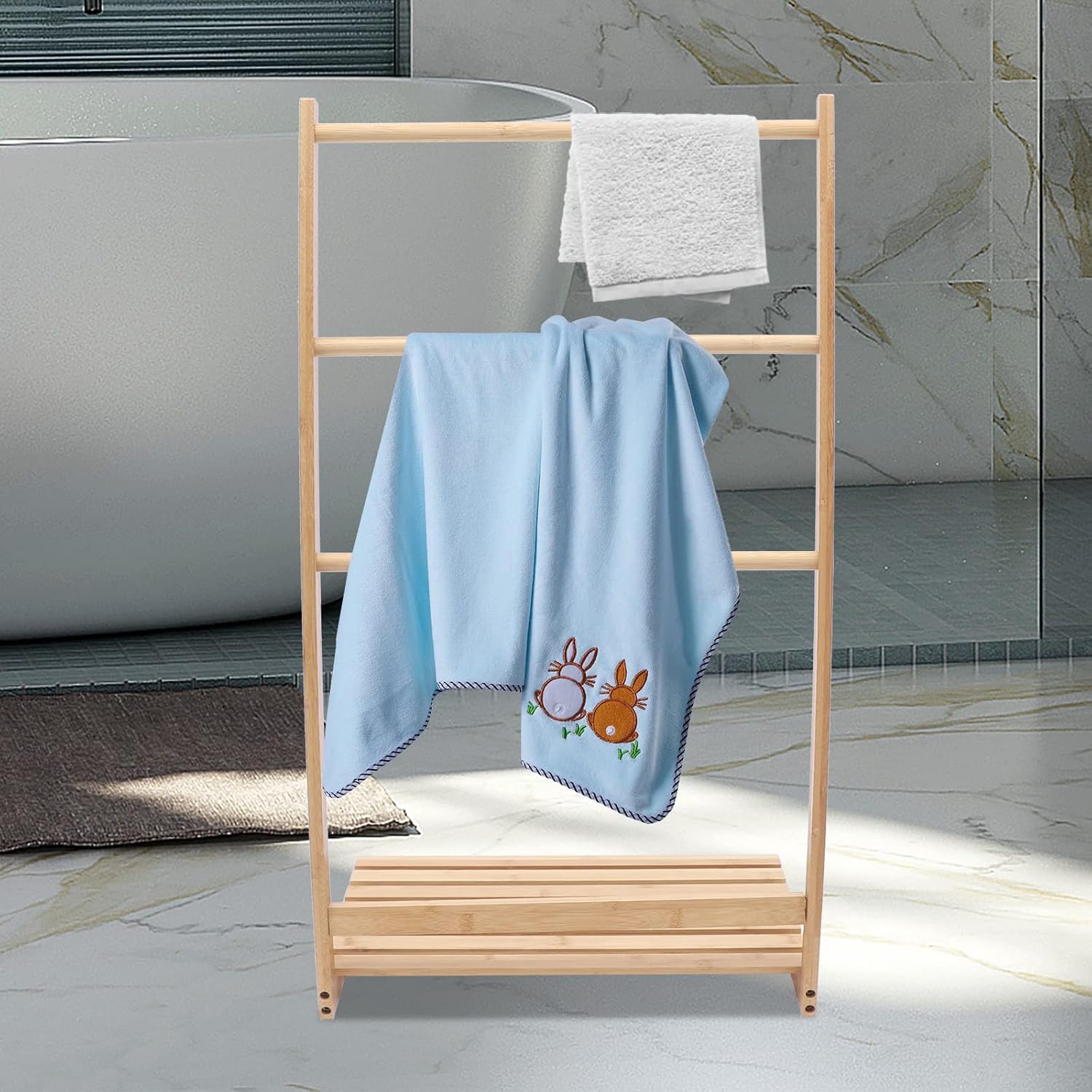 Free Standing Towel Rack, Bamboo Freestanding Towel Rack for Bathroom with Bottom Storage Shelf, Blanket Drying Display Rack for Bathroom, Living Room