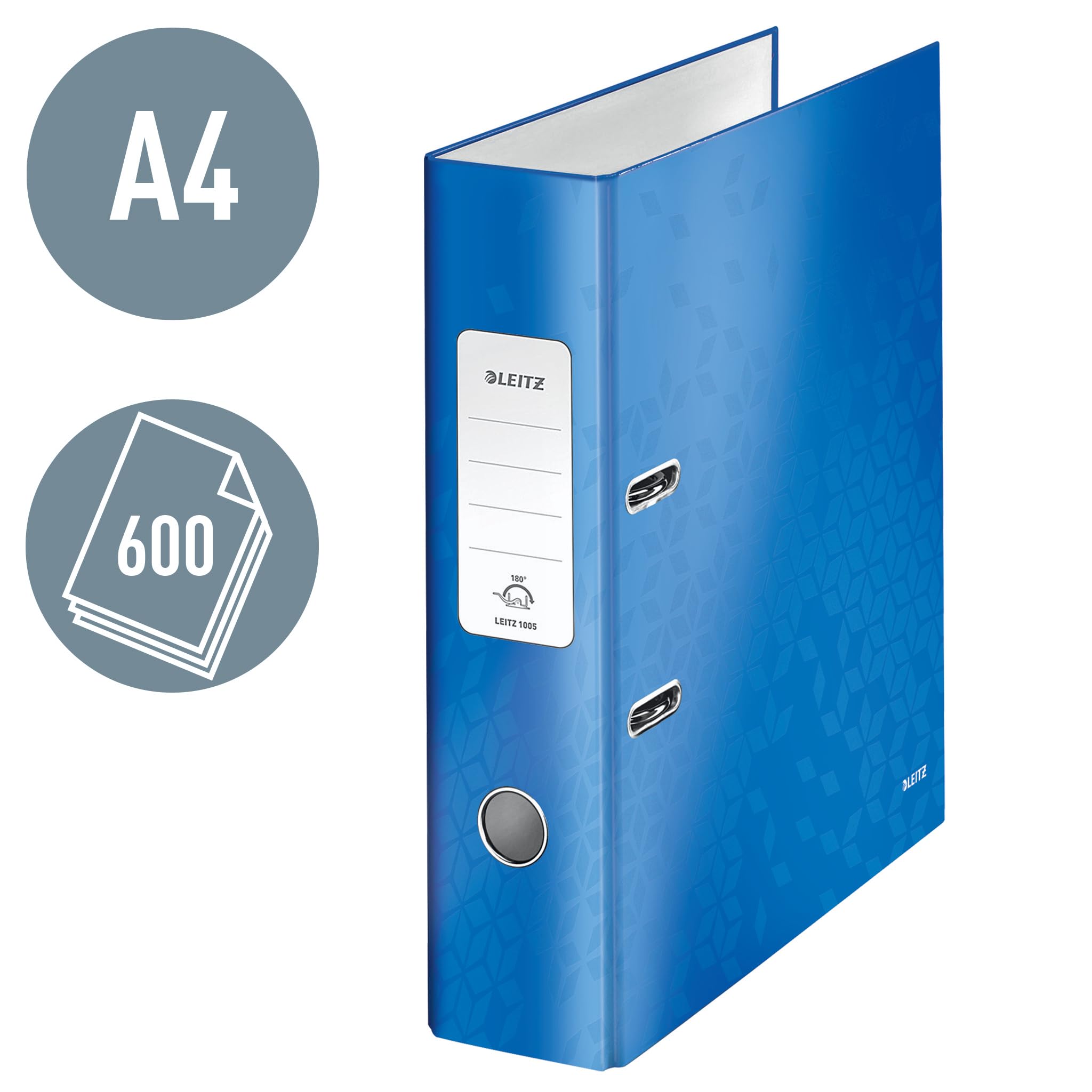 Leitz, Lot de 10 Classeurs à Levier A4, Carton Pelliculé, Dos 80 mm, Capacité 600 Feuilles, Mécanisme unique 180°, Classeur Bureau École Maison, Bleu WOW, 10050036
