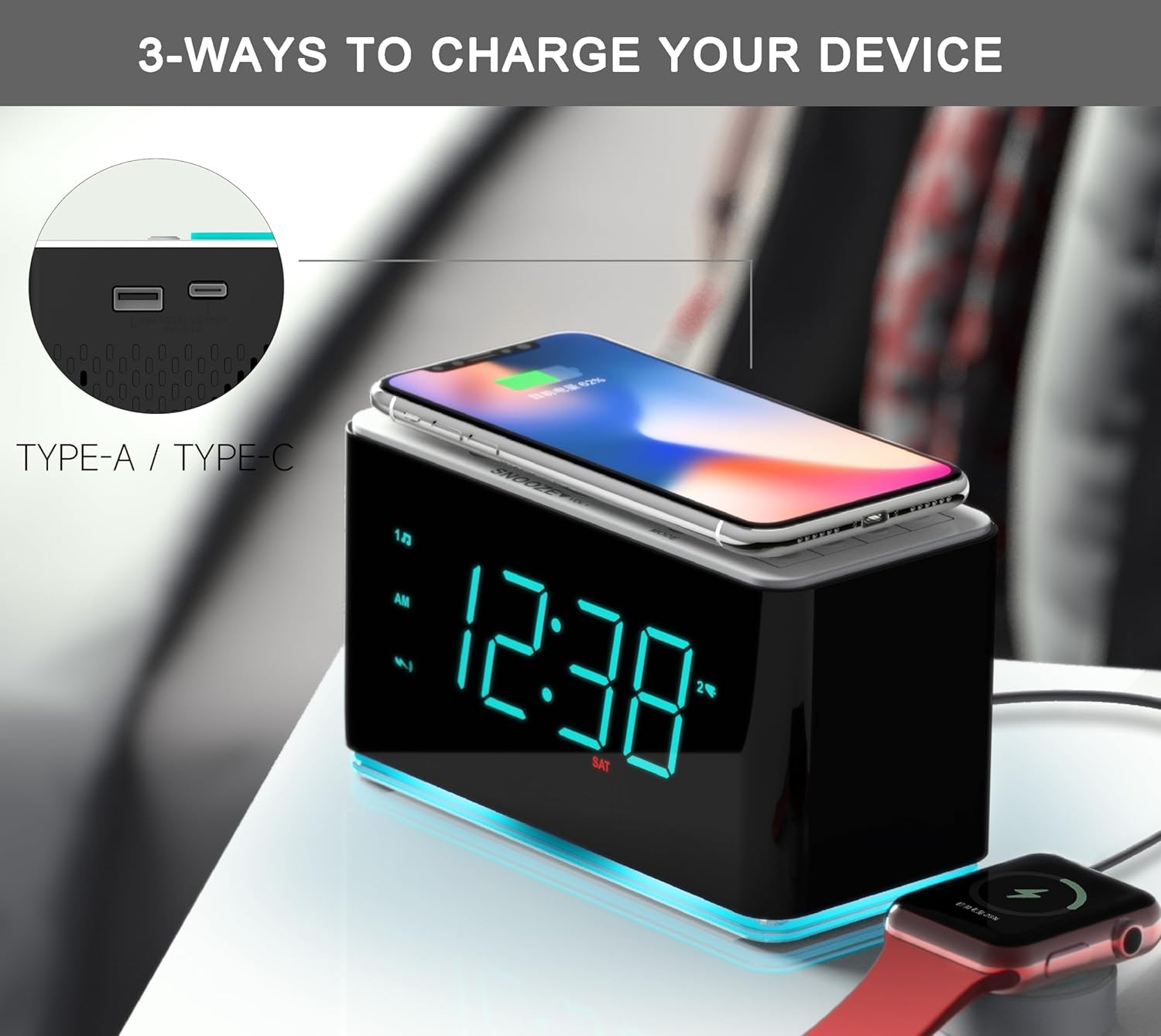 The iTOMA CKS207 Alarm Clock Radio demonstrating its three charging methods: wireless charging on top, and wired charging via USB-A and USB-C ports on the side.
