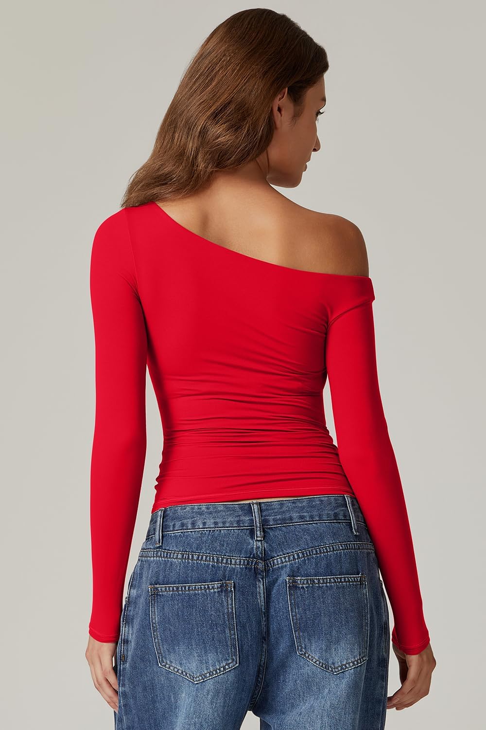 QINSEN Women's Sexy Off Shoulder Shirt Long Sleeve Double Lined Tops Side Ruched Fitted Tees - Image 2