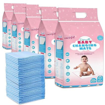 Incofit 100 Count Baby Disposable Underpad | Changing Mats | Changing Pads | Baby Waterproof Pads | Breathable Underpads | Bed Protector With 100% Water Proof Non Slip Back Sheet -Size : 60 CM x 45 CM